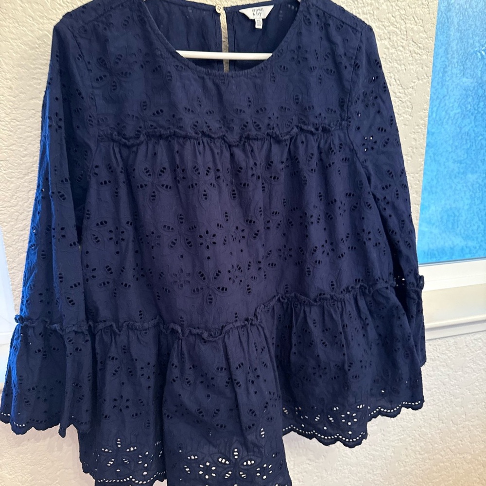 Navy Blue 100% Cotton Eyelet Blouse by Crown & Ivory-Boho Flutter Sleeve XXL - Picture 6 of 17